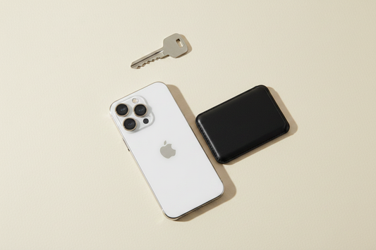 iPhone with UTILCK Magnetic Leather Wallet Stand and keys — minimal everyday carry by UTILCK