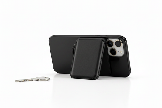 A slim black magnetic leather wallet stand attached to a black smartphone on a white surface with a silver key — minimal everyday carry by UTILCK
