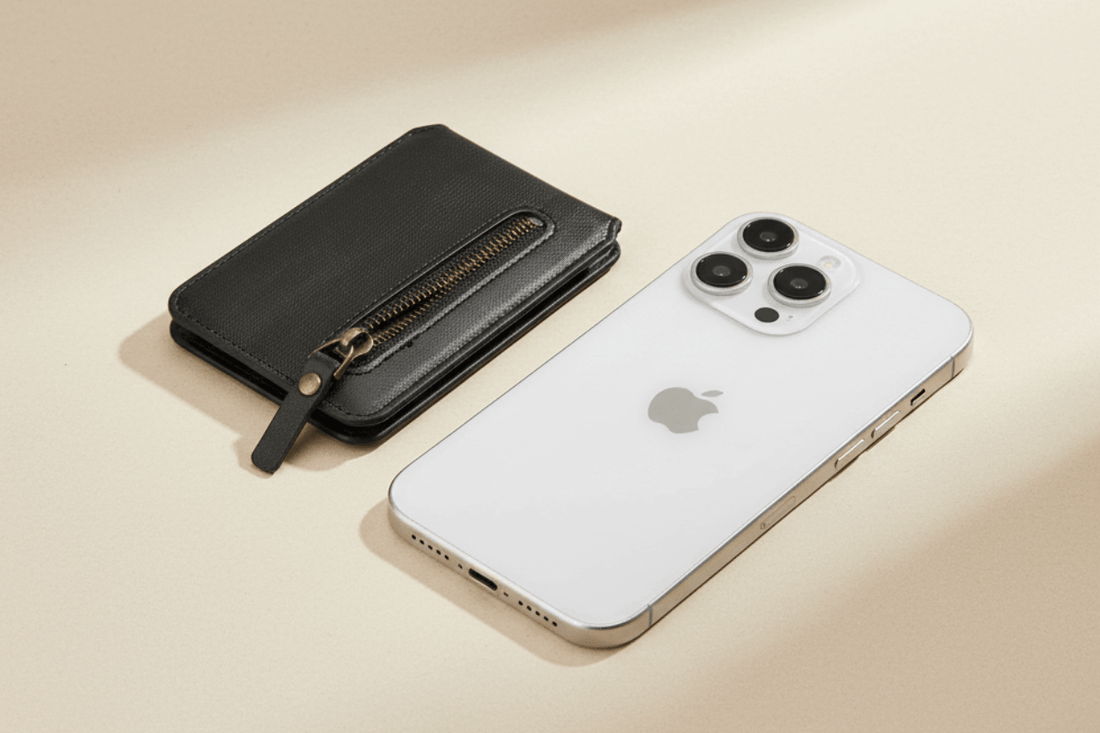 Magnetic zipper wallet and iPhone on beige surface — minimal everyday carry by UTILCK