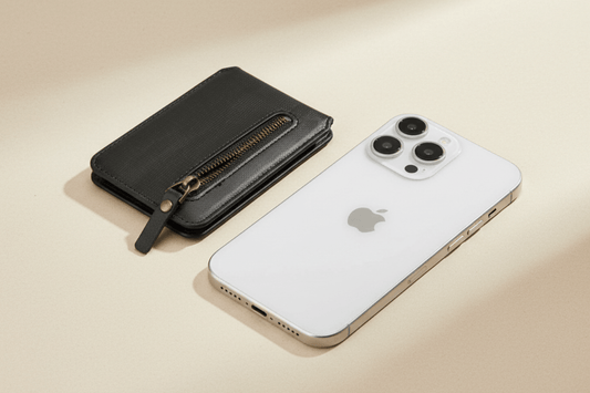 Magnetic zipper wallet and iPhone on beige surface — minimal everyday carry by UTILCK