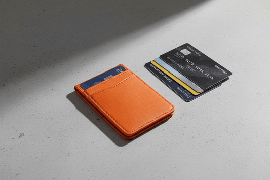 Slim orange leather RFID card wallet with cards on a minimal flat lay background